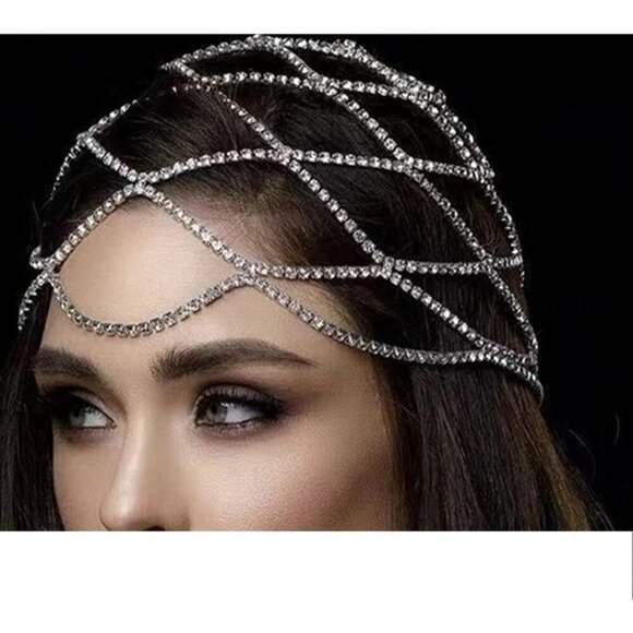 Aoozleny Rhinestone Mesh Headpiece Cap, Silver Roaring 20s Flapper Head Chain - Picture 2 of 7